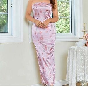 Cherley Backless Folded Bust Floral Satin Tube Maxi in Pink Floral | S